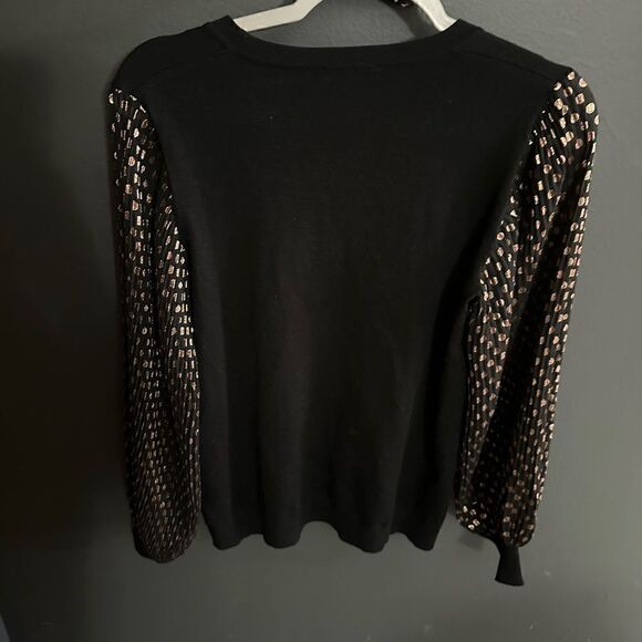 Adrianna Papell Crewneck Sweater Shear Sleeves Gold Polka Dots Size S - Picture 10 of 16